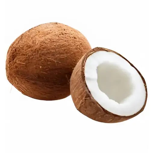 Whole and halved brown coconut with fibrous husk and white flesh inside perfect for equestrian horse treats