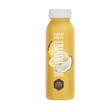 A yellow plastic bottle of cold press pineapple banana coconut smoothie with a white cap and fruit label from jimmys iced coffee