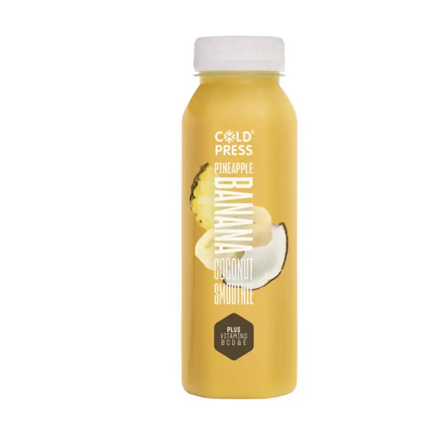 A yellow plastic bottle of cold press pineapple banana coconut smoothie with a white cap and fruit label from jimmys iced coffee