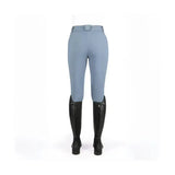 Light blue coldstream balmore thermal riding tights with brushed fleece and fitted design paired with black knee boots