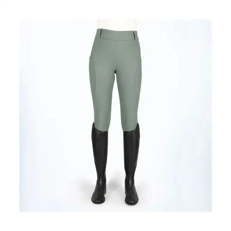 A pair of sage green coldstream balmore thermal riding tights with high waist and brushed fleece for warmth