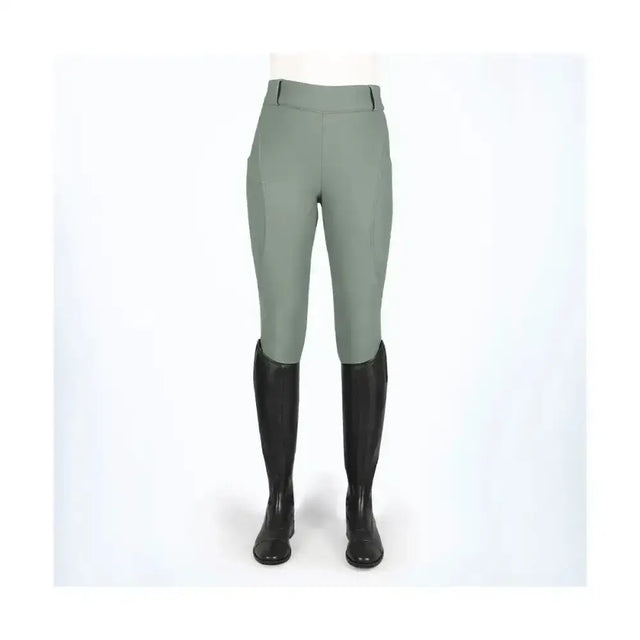 A pair of sage green coldstream balmore thermal riding tights with high waist and brushed fleece for warmth