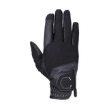 Back view of coldstream blakelaw diamante riding gloves in black with textured fabric and leather accents and hexagonal logo patch