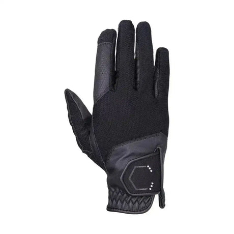Back view of coldstream blakelaw diamante riding gloves in black with textured fabric and leather accents and hexagonal logo patch