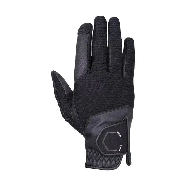Back view of coldstream blakelaw diamante riding gloves in black with textured fabric and leather accents and hexagonal logo patch