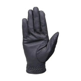 Black leather coldstream blakelaw diamante riding gloves with reinforced stitching and braided cuff shown from back