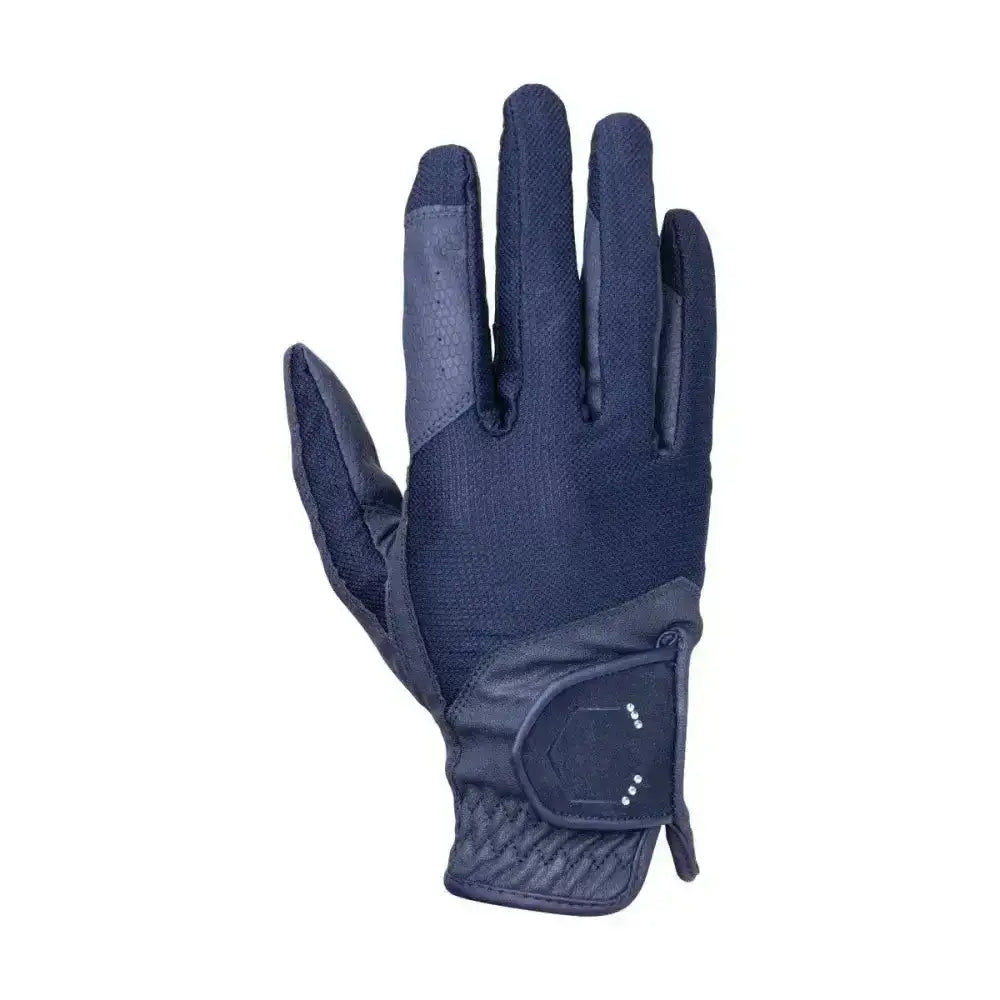 Navy blue coldstream blakelaw diamante riding gloves with reinforced fingertips and hexagonal wrist strap detail back view