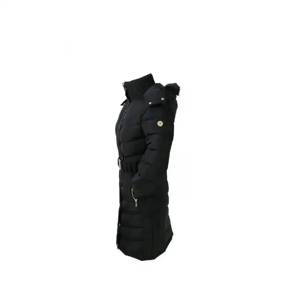 Black coldstream branxton long quilted coat with fur-lined hood and silver zipper accents for cold weather