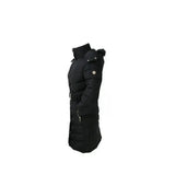 Black coldstream branxton long quilted coat with fur-lined hood and silver zipper accents for cold weather