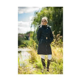 Black coldstream branxton long quilted coat with fur-lined hood and gold-toned belt buckle for winter wear