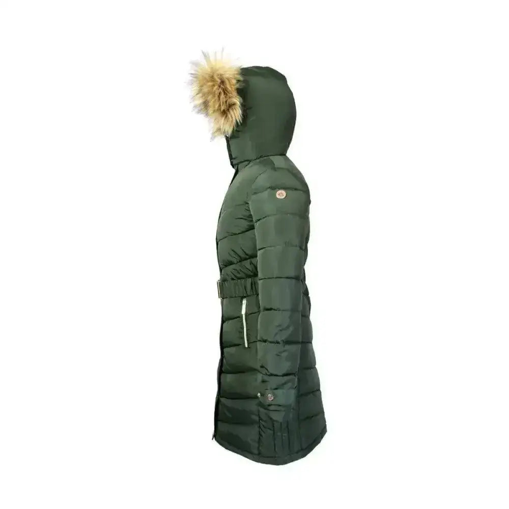 Dark green coldstream branxton long quilted coat fern green with belt and fur-lined hood for winter warmth