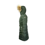 Dark green coldstream branxton long quilted coat fern green with belt and fur-lined hood for winter warmth