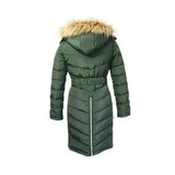 Dark green coldstream branxton long quilted coat with tan faux fur hood and elastic waistband for winter warmth