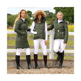Olive green coldstream branxton long quilted coat fern green with fur-lined hood and white belt for chilly rides