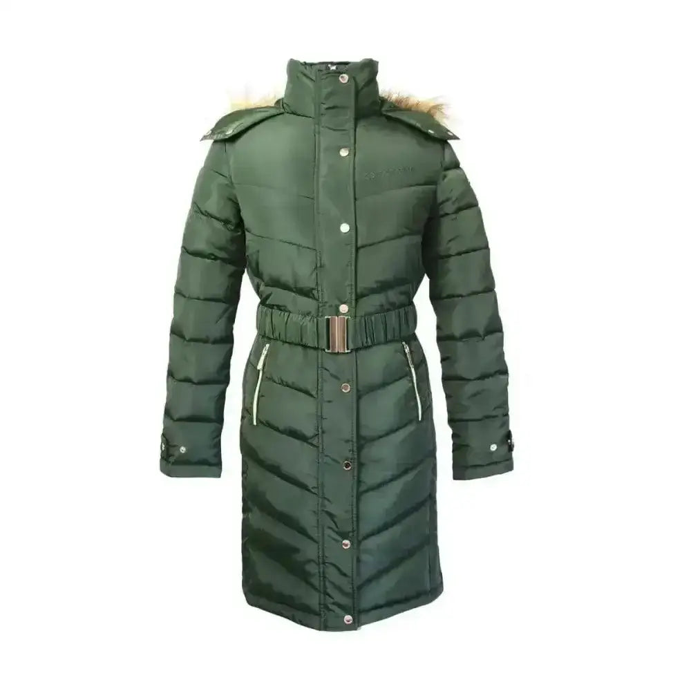 Dark green coldstream branxton long quilted coat fern green with fur-lined hood and silver-toned buttons