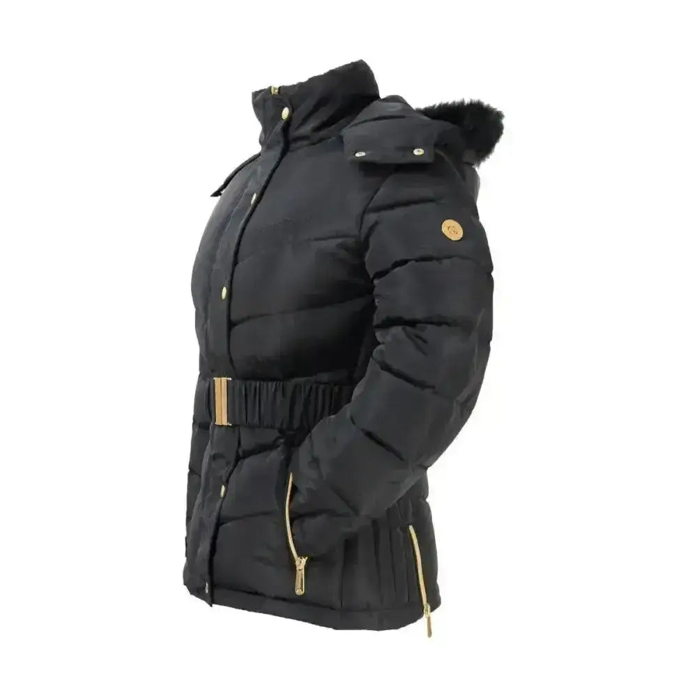 Black coldstream cornhill quilted coat with fur-lined hood gold zipper pulls and belt buckle for cold weather wear