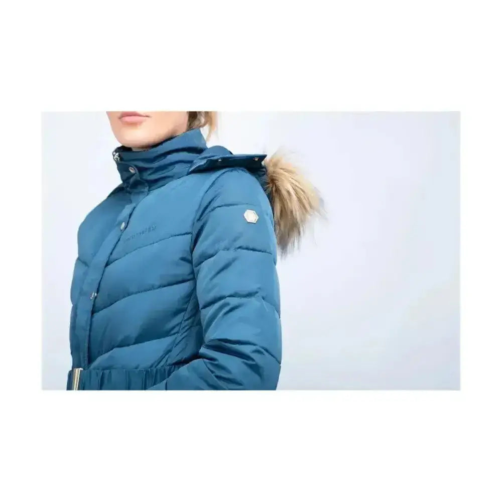 Teal coldstream cornhill quilted puffer jacket with fur hood and hexagonal logo patch in cool slate blue