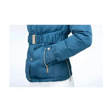 Teal coldstream cornhill quilted puffer jacket with matching belt and silver zipper accents in cool slate blue