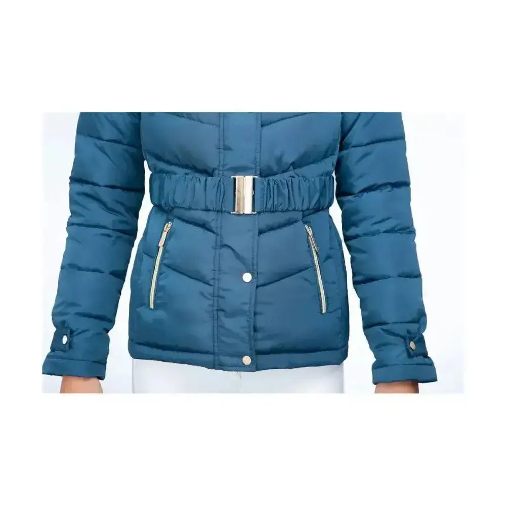 Teal coldstream cornhill quilted puffer jacket with gold-tone belt and silver zippers in cool slate blue