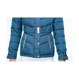 Teal coldstream cornhill quilted puffer jacket with gold-tone belt and silver zippers in cool slate blue