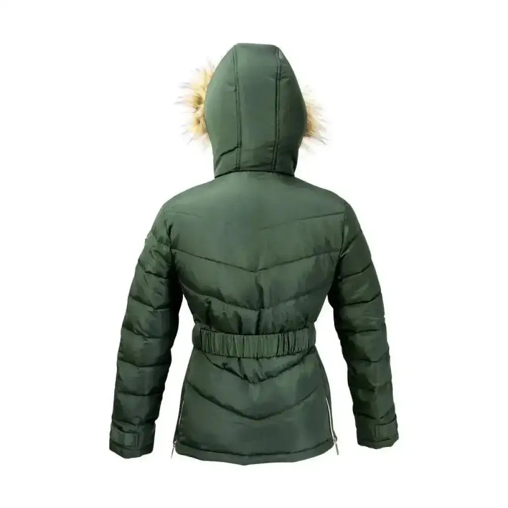 Dark green coldstream cornhill quilted coat with fur-lined hood and elastic waistband for winter warmth
