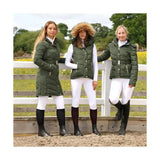 Olive green coldstream cornhill quilted coat with fur-lined hood and belted waist perfect for chilly days