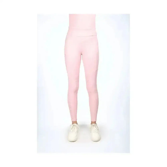 A pair of soft pink coldstream cranshaws riding tights with moisture wicking technology and subtle seam detailing