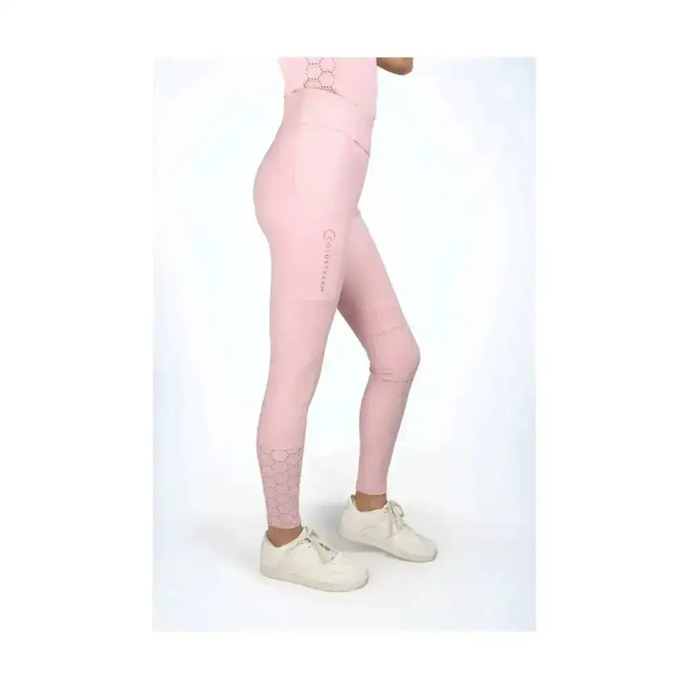 Pink coldstream cranshaws riding tights with lace ankle detail and moisture wicking technology logo on thigh