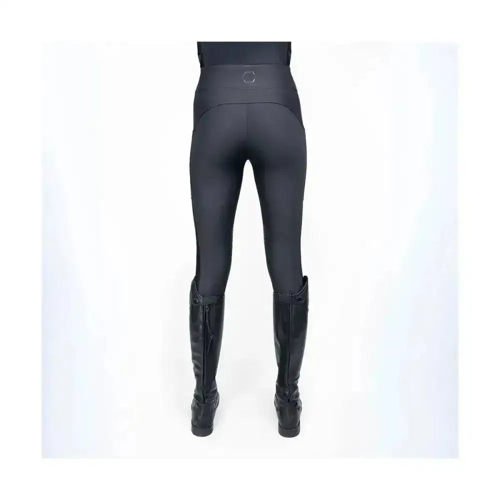 Black high-waisted coldstream ednam riding tights with subtle circular logo and capillary action fabrics for riding comfort