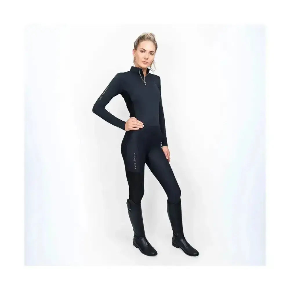 Black coldstream ednam riding tights with capillary action fabrics and subtle white branding on arms and legs