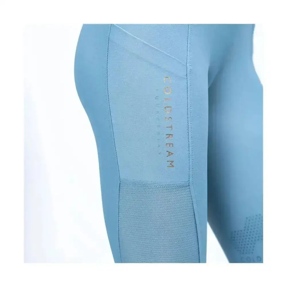 Light blue coldstream ednam riding tights with subtle textured panel and metallic colestream logo showing technical capillary action