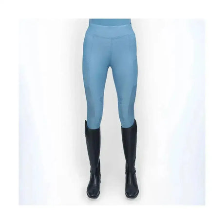 Light blue ednam riding tights with high waistband and subtle paneling featuring technical capillary action fabric