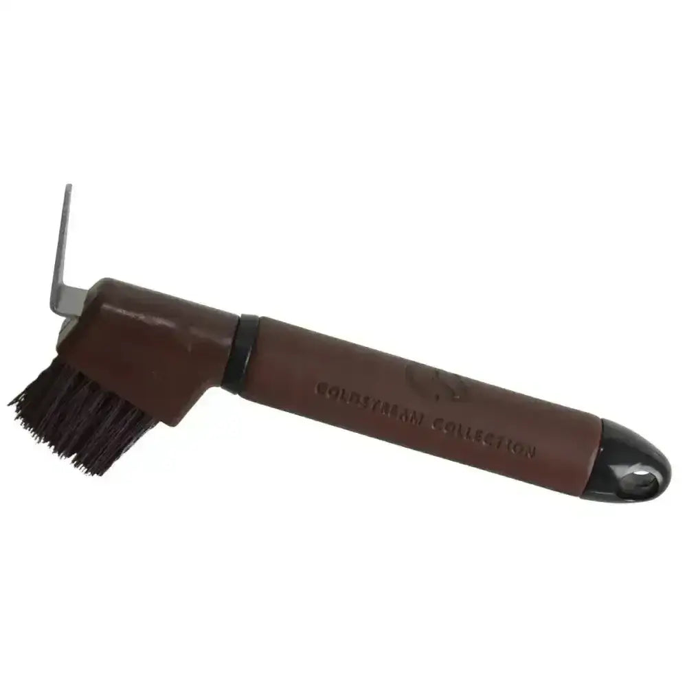Brown leather grip handle horse brush with black bristles and metal hook attachment coldstream faux leather hoof pick
