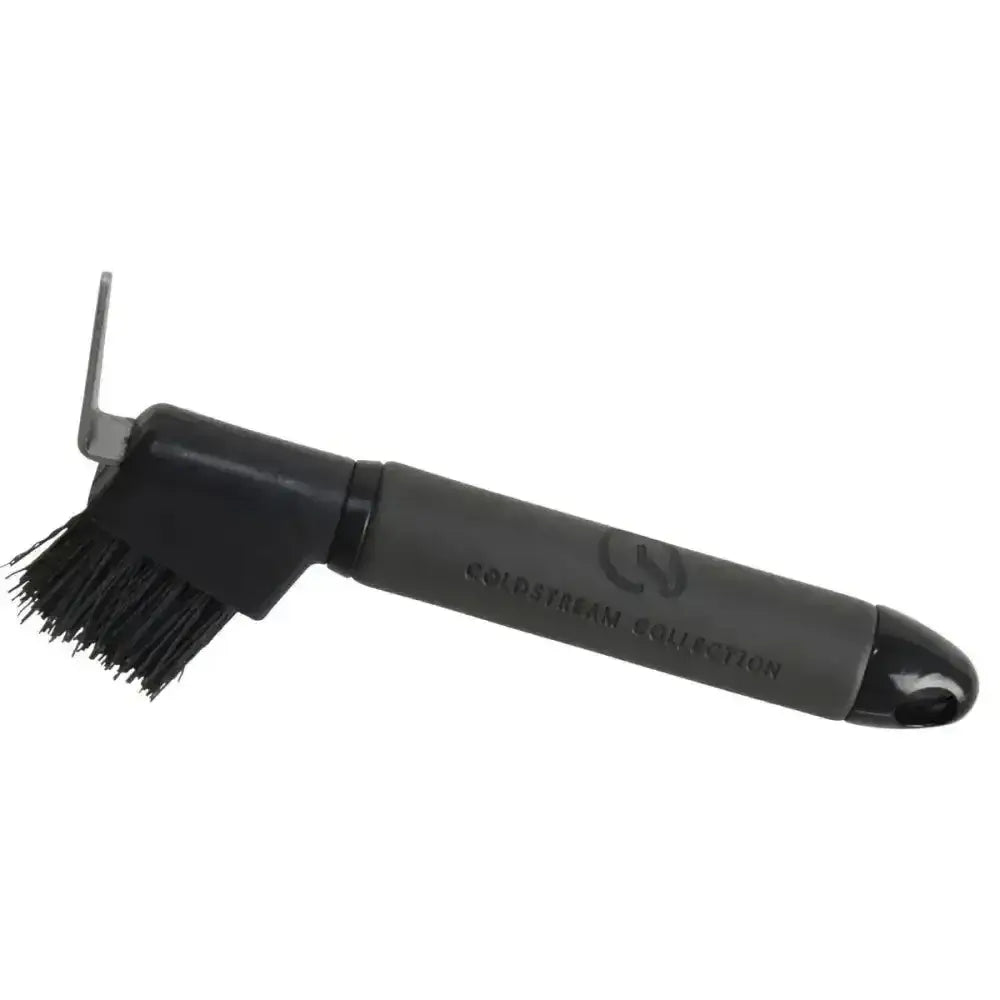 Black bristle horse brush with leather grip handle and metal loop paired with coldstream faux leather hoof pick