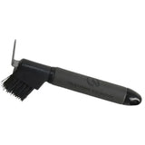 Black bristle horse brush with leather grip handle and metal loop paired with coldstream faux leather hoof pick