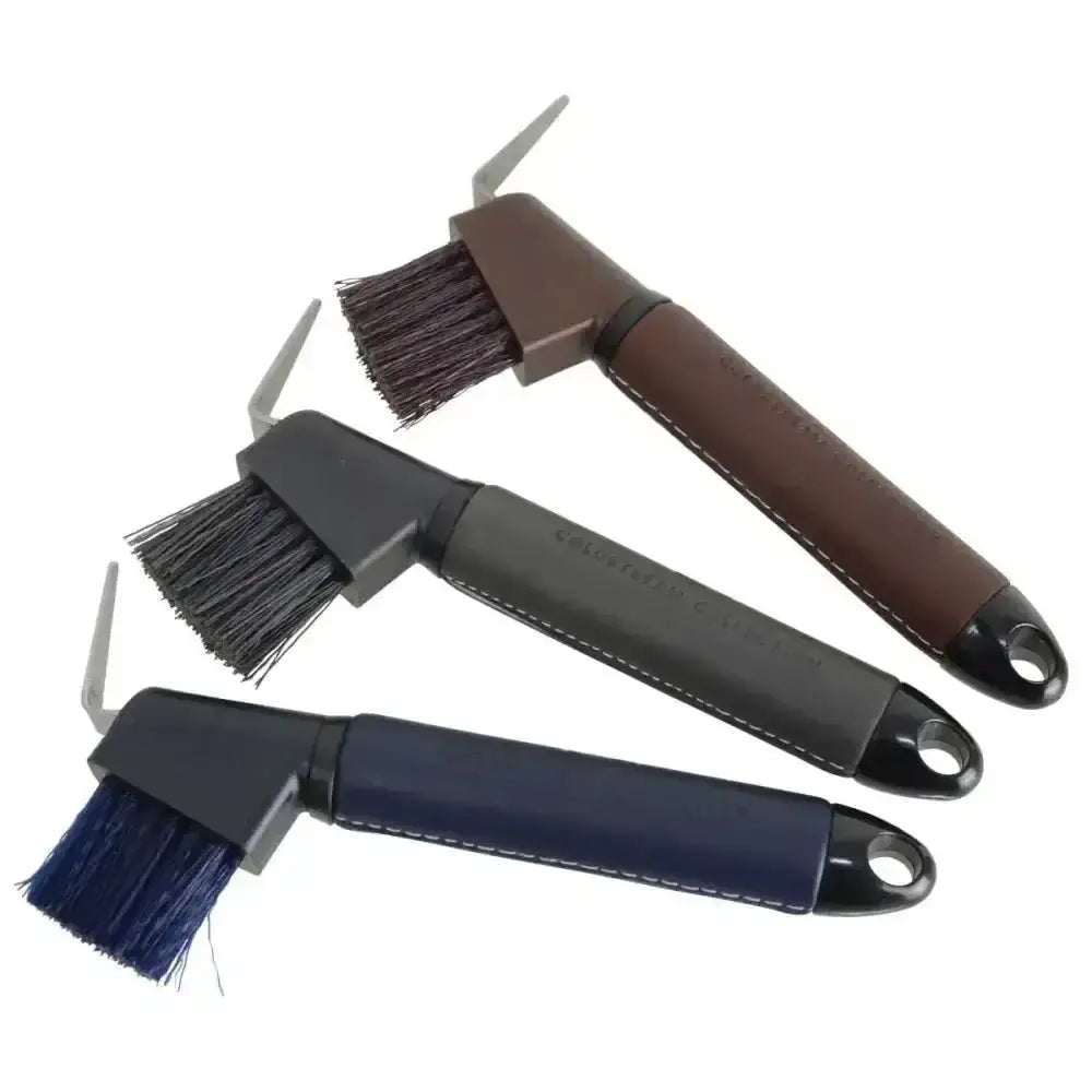 Three coldstream faux leather hoof picks with leather grip handle in brown black and navy blue each with metal hook