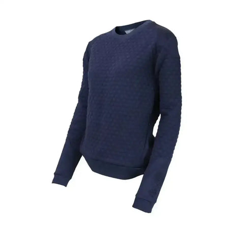 Navy blue coldstream foulden sweater with ribbed cuffs and hem featuring technical raised hexagonal knit pattern