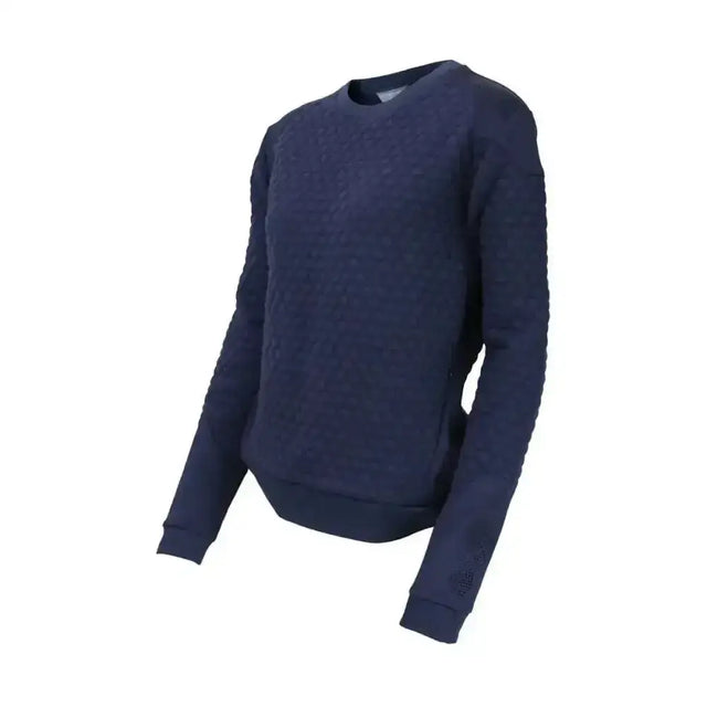 Navy blue coldstream foulden sweater with ribbed cuffs and hem featuring technical raised hexagonal knit pattern