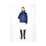 Navy blue insulated coldstream lanton blouson with white zipper and high rise collar for equestrian use
