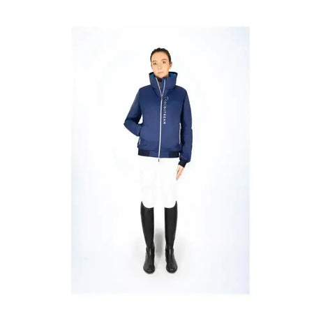 Navy blue insulated coldstream lanton blouson with white zipper and high rise collar for equestrian use
