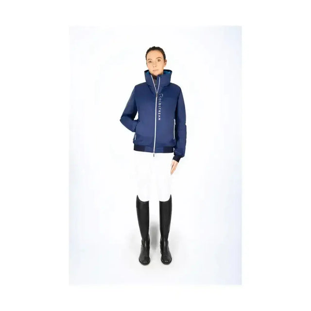 Navy blue insulated coldstream lanton blouson with white zipper and high rise collar for equestrian use