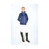 Navy blue coldstream lanton blouson jacket with white zipper trim high rise collar and branded text on left sleeve