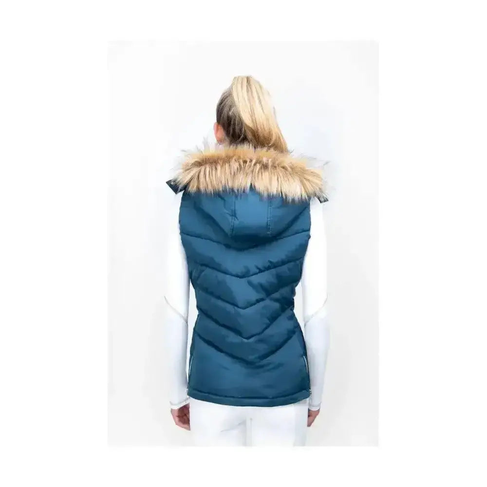 Coldstream leitholm quilted gilet cool slate blue teal puffer vest with faux fur-lined hood for chilly days