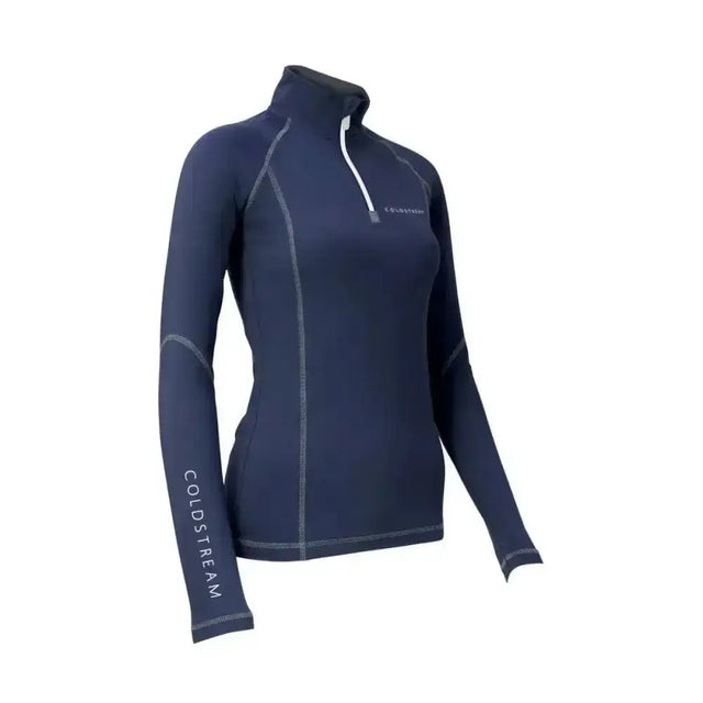 Navy blue long-sleeved coldstream lennel base layer rash guard with white zipper and brand logo perfect for layering