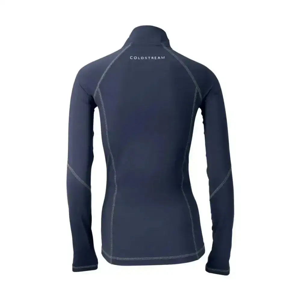 Dark navy long-sleeved coldstream lennel base layer top with gray stitching and high collar in blue grey colors