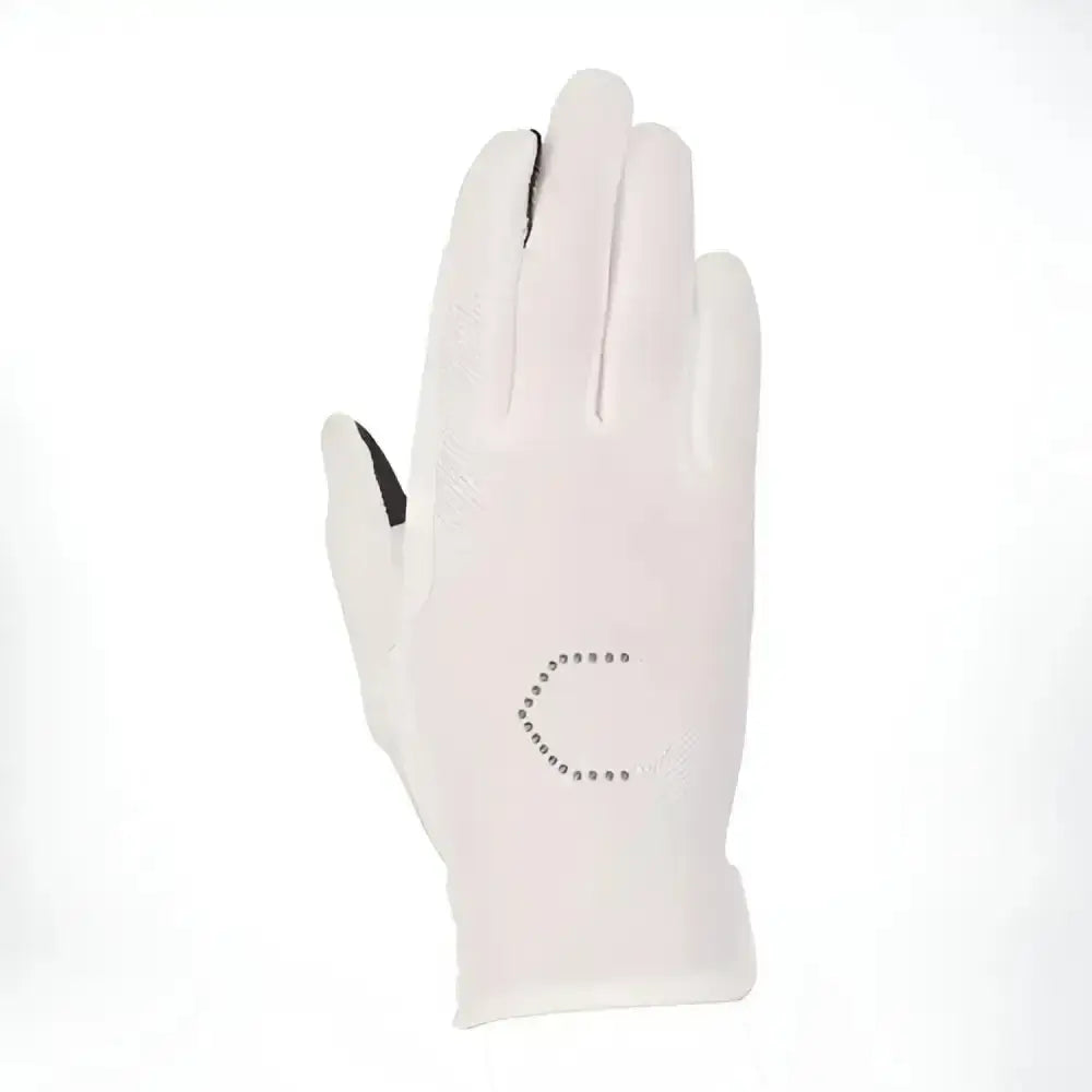Back of white coldstream lintlaw coolmesh summer riding glove with black fingertips and crescent rhinestone design