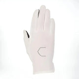Back of white coldstream lintlaw coolmesh summer riding glove with black fingertips and crescent rhinestone design