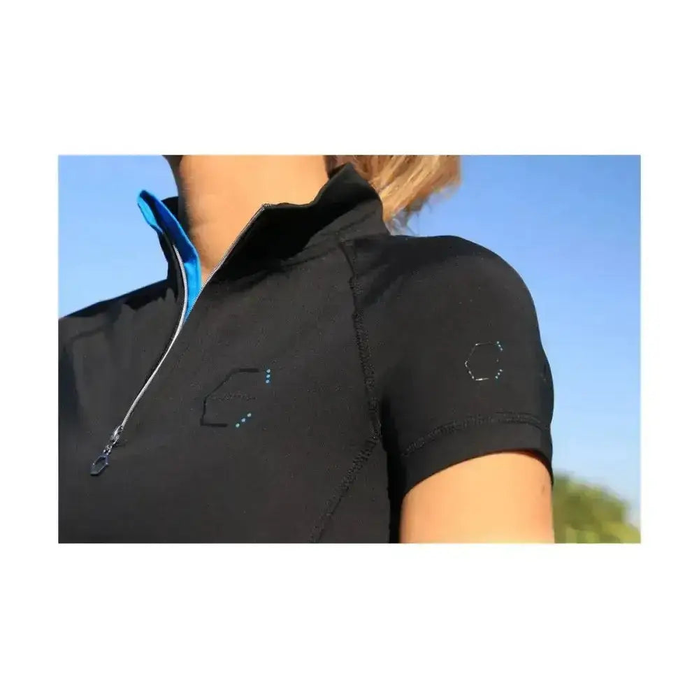 Black coldstream midlem short sleeve base layer with blue zipper lining and subtle hexagonal embroidery details