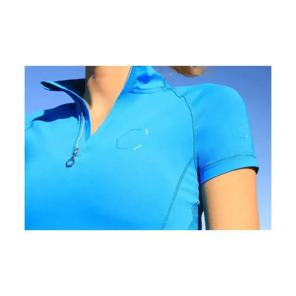 Bright blue coldstream midlem short sleeve base layer with half zip collar and subtle stitching details