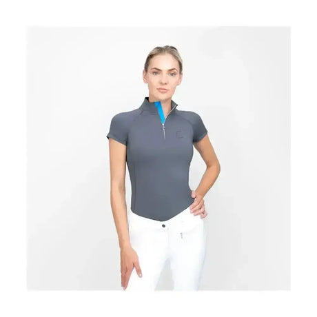 Gray coldstream midlem short sleeve base layer with blue zipper and subtle chest logo for active wear